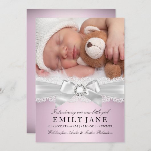 ヴィンテージレース&ボーピンク写真誕生のお知らせ 案内状 (正面/裏面)