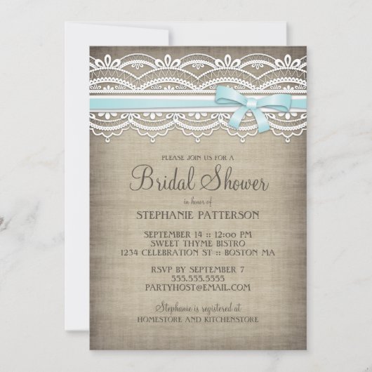 ヴィンテージレース&リーネンエレガ素朴ンスブライダルシャワー 招待状 (正面)