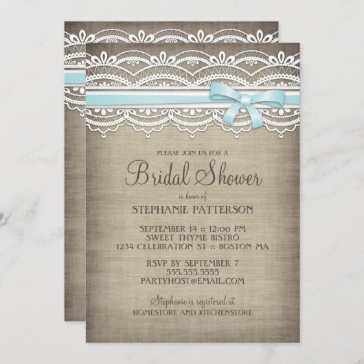 ヴィンテージレース&リーネンエレガ素朴ンスブライダルシャワー 招待状 (正面/裏面)