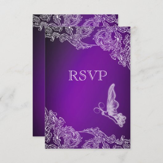 ヴィンテージレース&蝶パープルオンブレRSVP 出欠カード (正面/裏面)