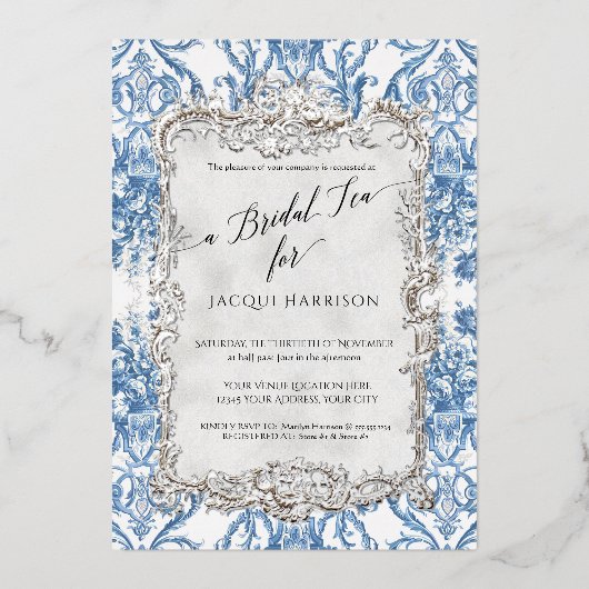 ヴィンテージロココフローラブルーホワイトシルバーブライダル茶 箔招待状 (正面)