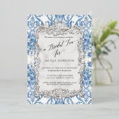 ヴィンテージロココフローラブルーホワイトシルバーブライダル茶 箔招待状 (立ち正面)