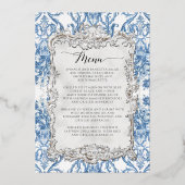ヴィンテージロココフローラブルーホワイトディナーメニュー 箔招待状 (正面)