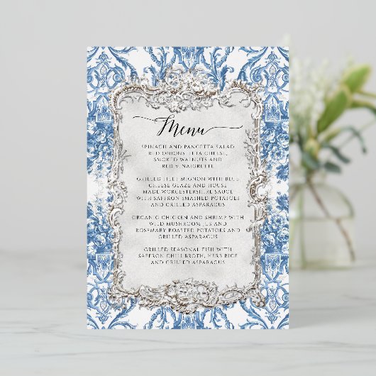 ヴィンテージロココフローラブルーホワイトディナーメニュー 箔招待状 (立ち正面)