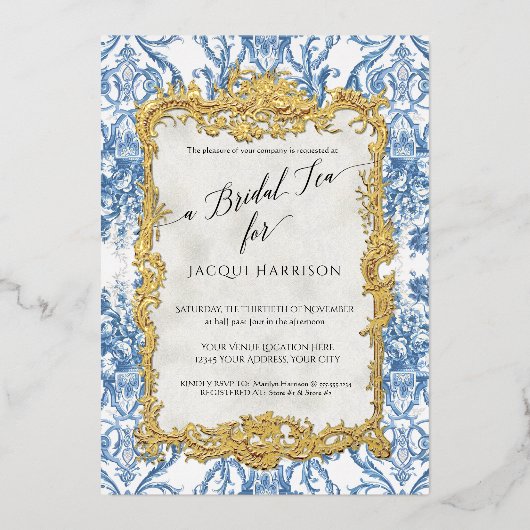 ヴィンテージロココフローラブルーホワイト金ゴールドブライダル茶 箔招待状 (正面)