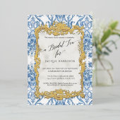 ヴィンテージロココフローラブルーホワイト金ゴールドブライダル茶 箔招待状 (立ち正面)