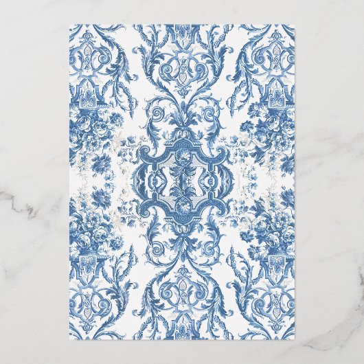 ヴィンテージロココフローラブルーホワイト金ゴールドブライダル茶 箔招待状 (裏面)