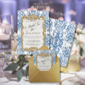 ヴィンテージロココフローラブルーホワイト金ゴールドブライダル茶 箔招待状
