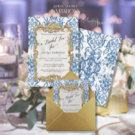 ヴィンテージロココフローラブルーホワイト金ゴールドブライダル茶 箔招待状