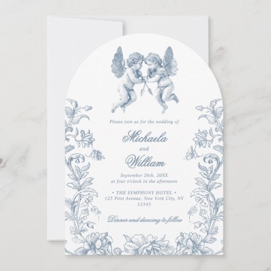 ヴィンテージロコチェルーブ&フラワーズブルー結婚ズ 招待状 (正面)