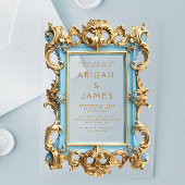 ヴィンテージロコフレームベビーブルー結婚金ゴールド アクリル招待状