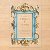 ヴィンテージロコフレームベビーブルー結婚金ゴールド アクリル招待状 (正面)
