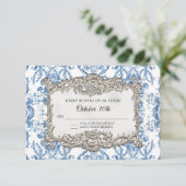 ヴィンテージロコブルーホワイトシルバー結婚フローラ 出欠カード (スタンド正面)