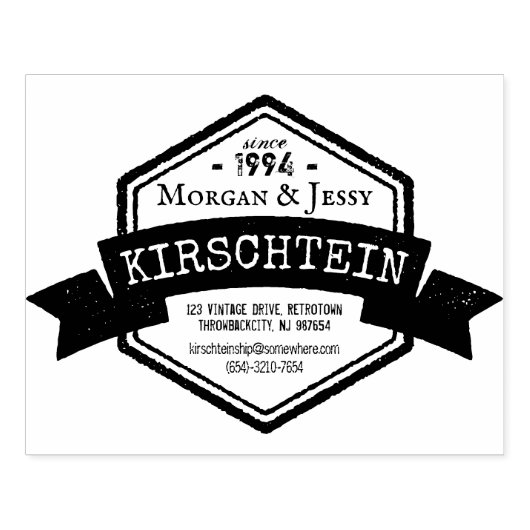 ヴィンテージロゴ名住所電話リボン六角 ラバースタンプ (インプリント)