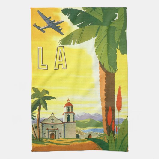 ヴィンテージロサンゼルス、カリフォルニア州ミッションwith Palm キッチンタオル (縦)