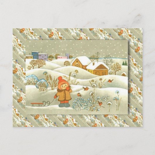 ヴィンテージロシアのクリスマス、そりを持つ女の子 シーズンポストカード (正面)