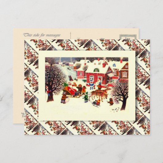 ヴィンテージロシアのクリスマス、サンタと子供 シーズンポストカード (正面/裏面)