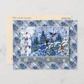 ヴィンテージロシアのクリスマス、森の中のロビンス シーズンポストカード (正面/裏面)