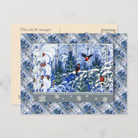 ヴィンテージロシアのクリスマス、森の中のロビンス シーズンポストカード (正面/裏面)