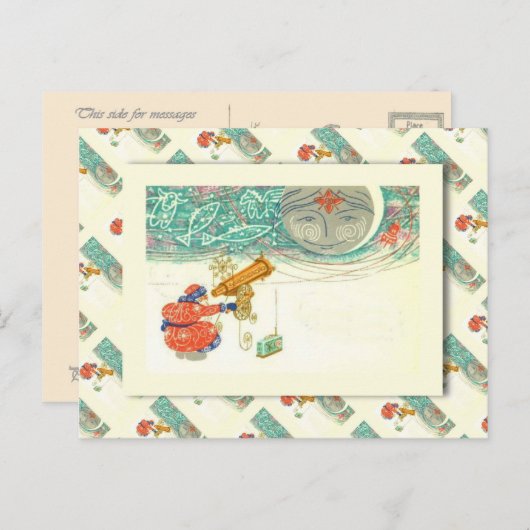 ヴィンテージロシアの、サンタと望遠鏡 シーズンポストカード (正面/裏面)