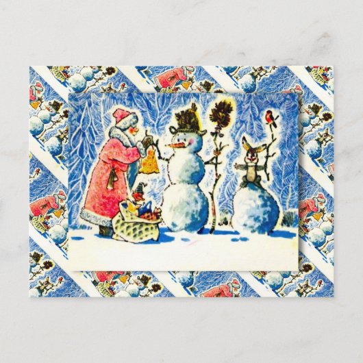 ヴィンテージロシアの、雪だるま、サンタ シーズンポストカード (正面)