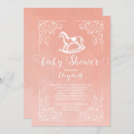 ヴィンテージロッキングウマ女子ベビーシャワー招待状 招待状 (正面/裏面)