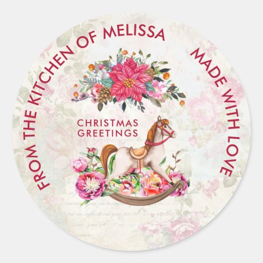 ヴィンテージロッキングビクトリアン馬クリスマスキッチン ラウンドシール (正面)