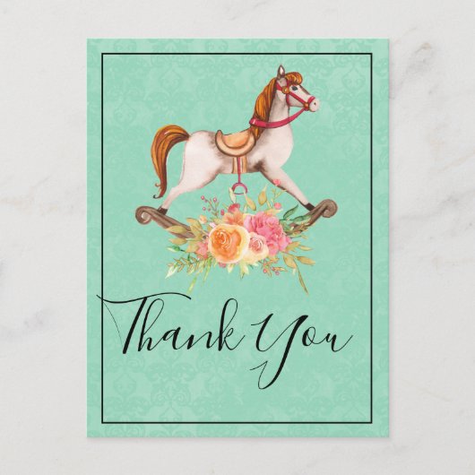 ヴィンテージロッキングホースとフローラブーケありがとう ポストカード (正面)