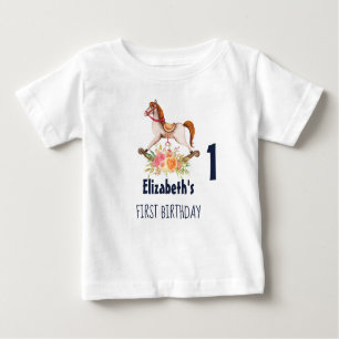 ヴィンテージロッキングホース花模様第1誕生日 ベビーTシャツ