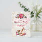 ヴィンテージロッキングホース&ポインセチアのクリスマスパーティー ポストカード (スタンド正面)