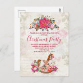 ヴィンテージロッキングホース&ポインセチアのクリスマスパーティー ポストカード (正面/裏面)