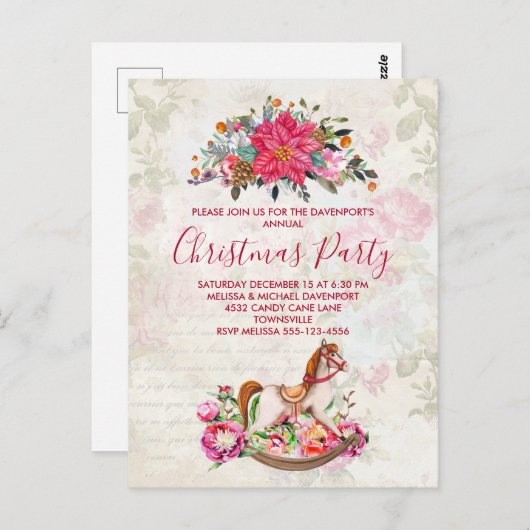 ヴィンテージロッキングホース&ポインセチアのクリスマスパーティー ポストカード (正面/裏面)