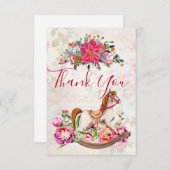 ヴィンテージロッキングホース&ポインセチアクリスマスありがとう サンキューカード (正面/裏面)