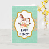 ヴィンテージロッキング馬とフローラブーケ誕生日 カード (黄色い花)