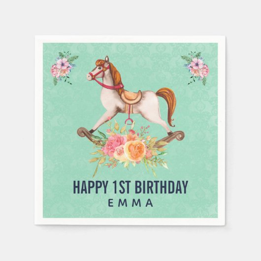 ヴィンテージロッキング馬とフローラブーケ誕生日 スタンダードカクテルナプキン (正面)
