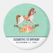 ヴィンテージロッキング馬とフローラブーケ誕生日 マグネット (正面)