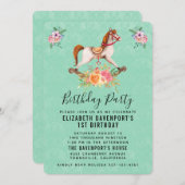 ヴィンテージロッキング馬とフローラブーケ誕生日 招待状 (正面/裏面)