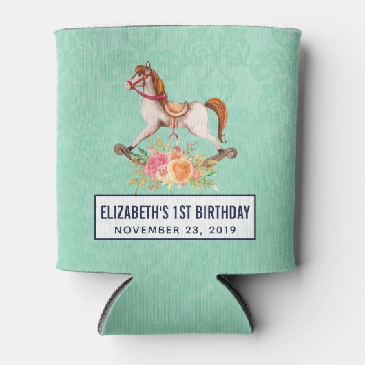 ヴィンテージロッキング馬とフローラブーケ誕生日 缶クーラー (正面)