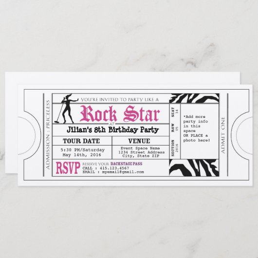 ヴィンテージロックスターガールズパーティーチケット招待状 招待状 (正面/裏面)