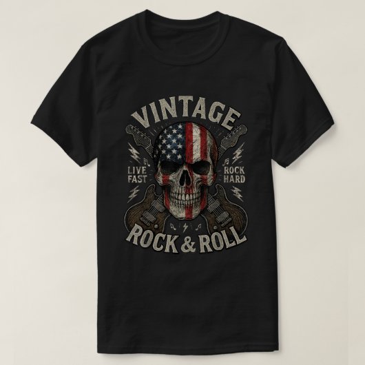 ヴィンテージロック スカル USAフラグ ギターTシャツ Tシャツ (デザイン正面)