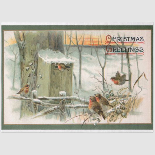 ヴィンテージロビン雪の中でクリスマスの挨拶 薄葉紙 (正面)