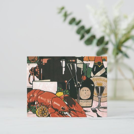 ヴィンテージロブスターシャンパンファンシーエレガントパーティー ポストカード (スタンド正面)