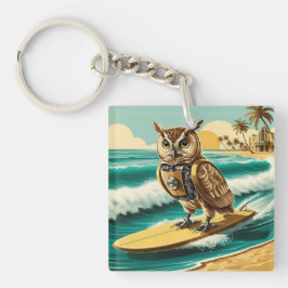 ヴィンテージロボットフクロウサーフィンオンビーチ キーホルダー