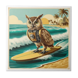 ヴィンテージロボットフクロウサーフィンオンビーチ タイル