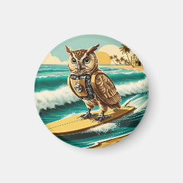 ヴィンテージロボットフクロウサーフィンオンビーチ マグネット