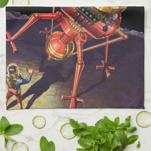 ヴィンテージロボット付きSFエイリアン宇宙飛行士 キッチンタオル (折り畳み)