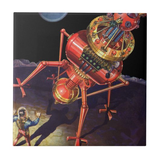 ヴィンテージロボット付きSFエイリアン宇宙飛行士 タイル (正面)