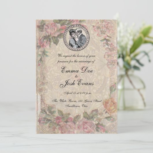 ヴィンテージロマンスカップルアンティークバラ結婚ズ 招待状 (スタンド正面)