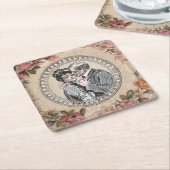ヴィンテージロマンスカップル：アンティークバラガーリーラブ スクエアペーパーコースター (アングル)