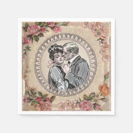 ヴィンテージロマンスカップル:アンティークバラガーリーラブ スタンダードカクテルナプキン (正面)